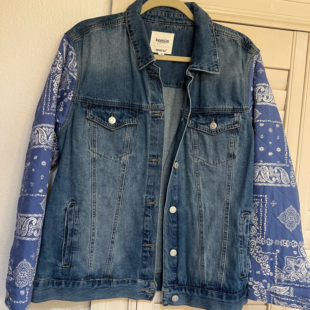 Kensie Denim Jacket with Blue Paisley Sleeves